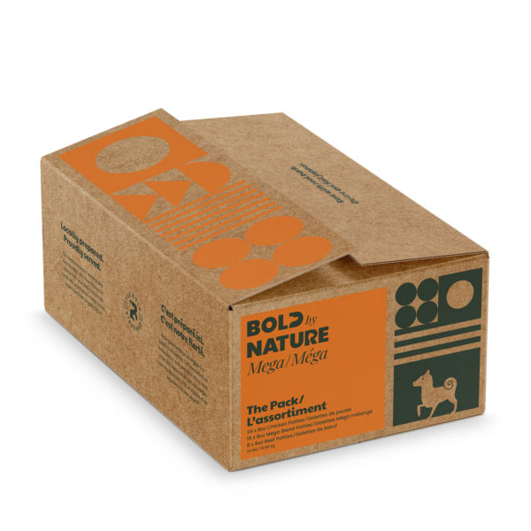 A 24 pound box of Bold by Nature Mega The Pack Chicken Variety raw dog food.