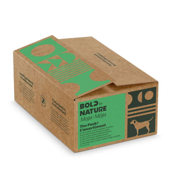 A 24 pound box of Bold by Nature Mega - The Pack Mega Variety raw dog food.