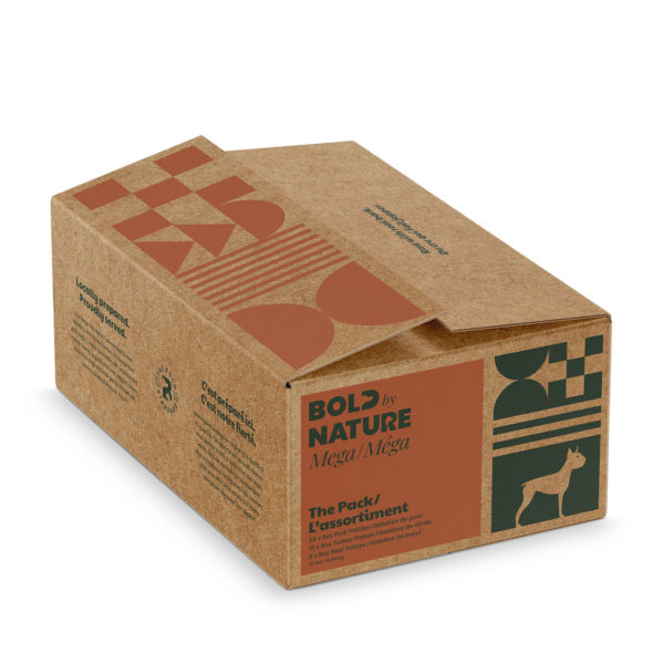 A 24 pound box of Bold by Nature Mega -The Pack Non Chicken Variety raw dog food.