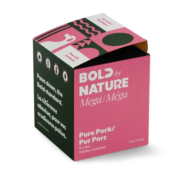 A 4 pound box of Bold by Nature Mega Pure Pork raw dog food.