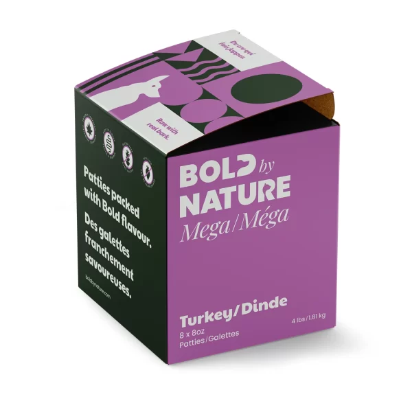 A 4 pound box of Bold by Nature Mega Turkey raw dog food.
