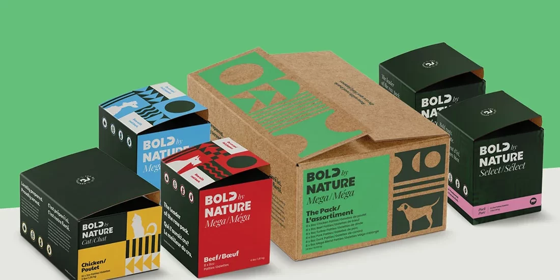 post-A-5 Various Bold by Nature raw pet food packaging ; Bold by Nature Cat chicken, Bold by Nature Mega Beef, Bold by Nature Mega duck, Bold by Nature Mega variety pack, Bold by Nature Select pork