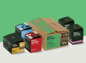 Various Bold by Nature raw pet food packaging ; Bold by Nature Cat chicken, Bold by Nature Mega Beef, Bold by Nature Mega duck, Bold by Nature Mega variety pack, Bold by Nature Select pork