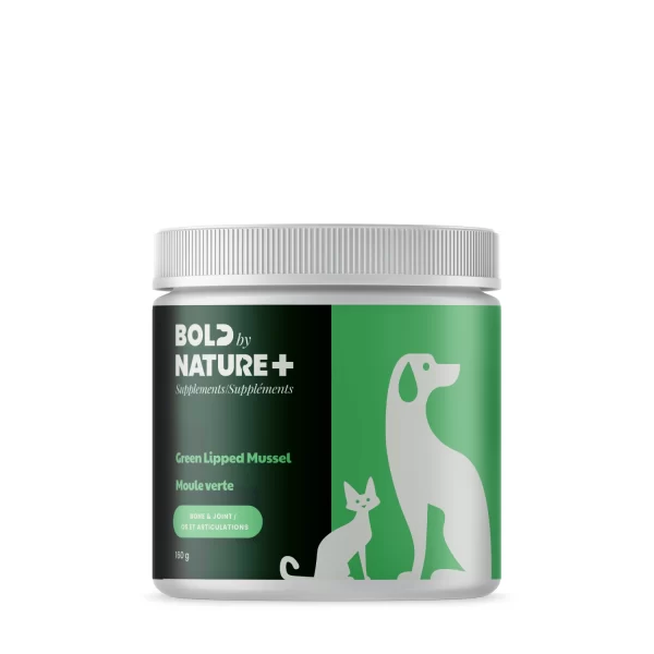 White bottle with cat and dog, green label. Green Lipped Mussel, Bold by Nature+ Supplements