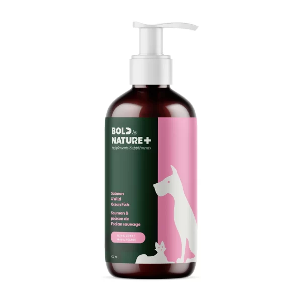 White bottle with cat and dog, pink label. , Bold by Nature+ Supplements