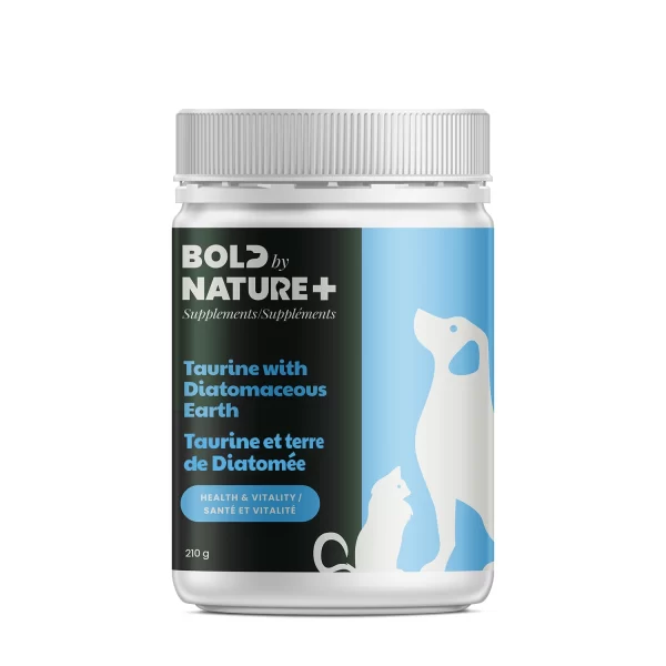 White bottle with cat and dog, blue label. Taurine with Diatomaceous Earth, Bold by Nature+ Supplements